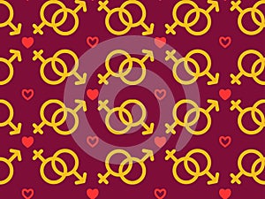 Seamless pattern with male and female sex icons. Elements for Valentine`s Day with symbols of heart, chains with symbols.